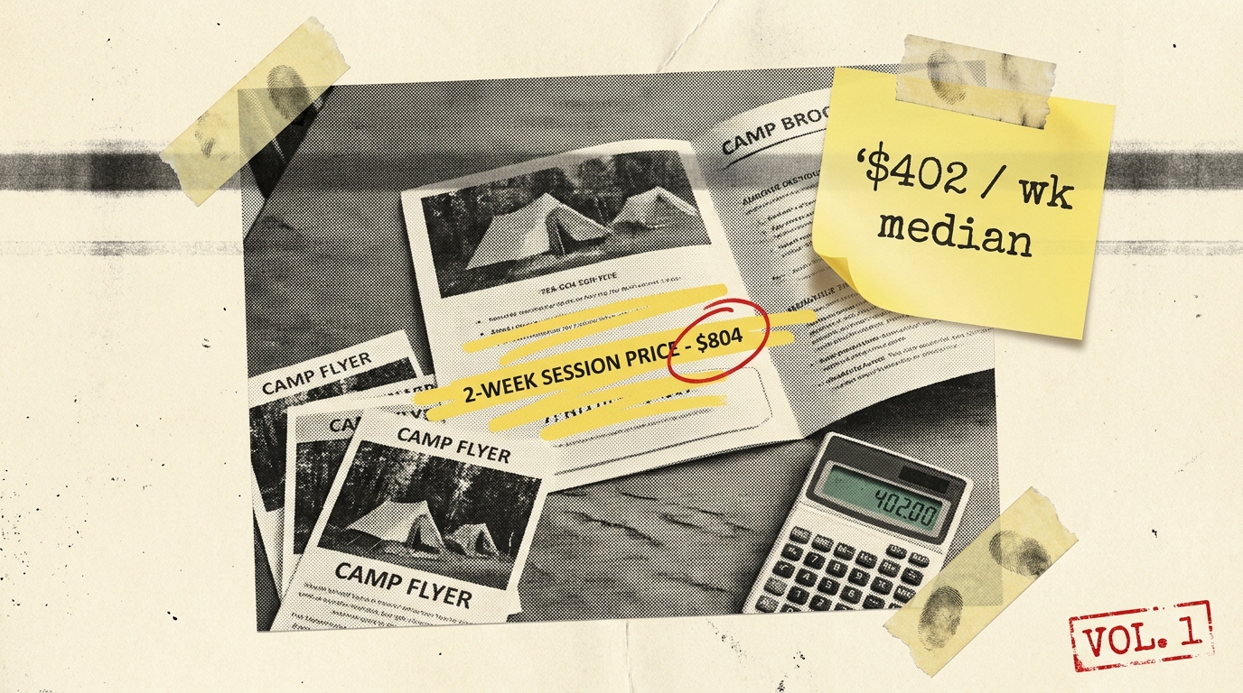 Zine collage of a kitchen table covered with camp brochures, highlighted dollar amounts in yellow marker, a calculator, and a red PAID stamp.