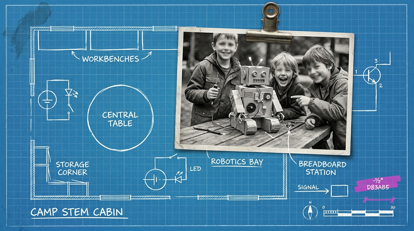 Cyan blueprint paper with a floor plan of a camp STEM cabin, hand-inked circuit-diagram doodles, and a clipped black-and-white photo of kids building a cardboard robot.